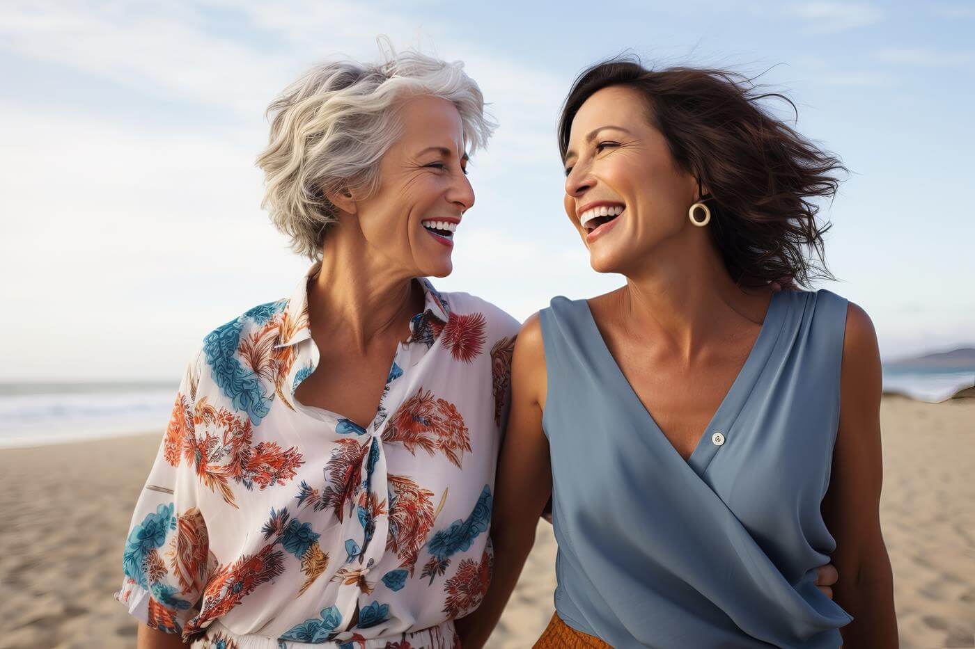 ein Foto von zwei verschiedenen reifen Frauen mittleren Alters in moderner stilvoller Kleidung, die lächeln, im Urlaub am Meer oder am Strand, reife Freundschaft Darstellung