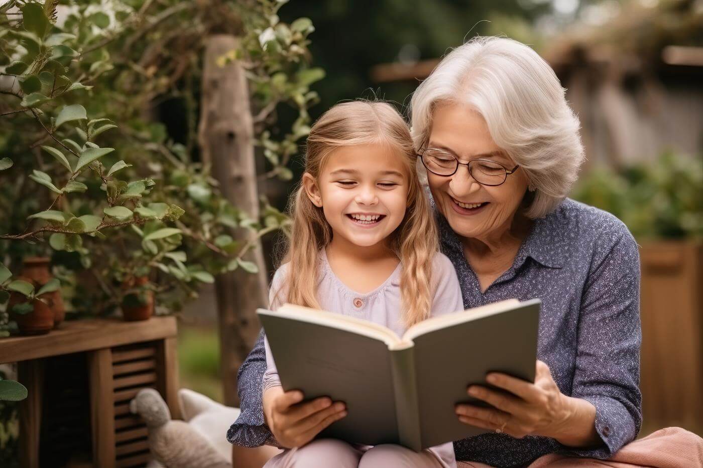 Fröhliche Großmutter und Enkelin lesen gemeinsam ein Buch