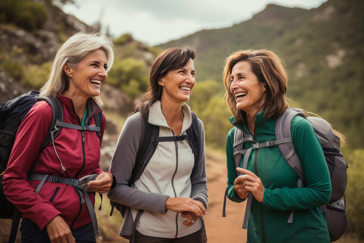 ein Foto von drei verschiedenen reifen Frauen mittleren Alters in Trekking-Kleidung, die zusammen lächelnd wandern, Darstellung einer reifen Freundschaft