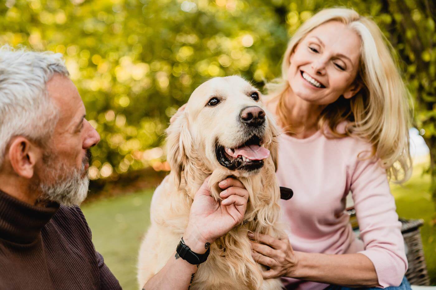 Glückliches kaukasisches älteres Paar, das seinen Hund im Herbstpark streichelt