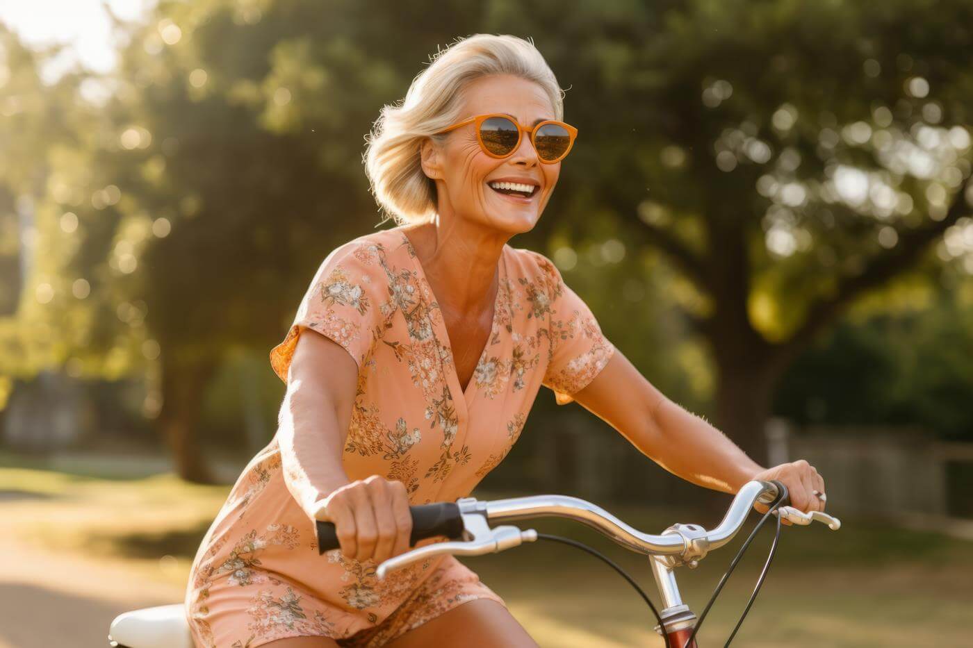 glückliche ältere Frau mit Sonnenbrille fährt Fahrrad im Park an einem sonnigen Sommertag